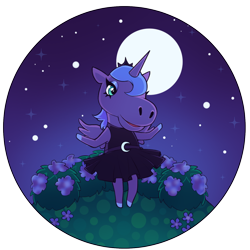 Size: 600x600 | Tagged: safe, artist:milkcubus, princess luna, anthro, animal crossing, clothes, crossover, cute, dress, field, flower, hill top, horse face, lunabetes, moon, night, simple background, stars, sundress, transparent background, video game