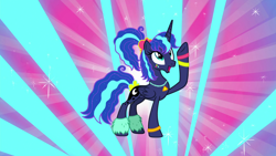 Size: 1920x1080 | Tagged: safe, screencap, princess luna, alicorn, pony, between dark and dawn, 80s princess luna, alternate hairstyle, barehoof, cute, face paint, folded wings, hair dye, hair ornament, happy go lucky, jewelry, looking up, makeup, missing accessory, necklace, pearl necklace, ponytail, raised hoof, smiling, solo, wings
