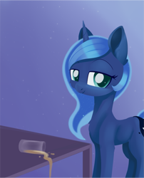 Size: 1379x1705 | Tagged: safe, artist:dusthiel, princess luna, alicorn, pony, atg 2019, cheek fluff, chest fluff, chocolate, chocolate milk, crown, exploitable meme, face of evil, female, jewelry, looking at you, mare, meme, milk, newbie artist training grounds, pure unfiltered evil, regalia, solo, spilled drink, spilled milk