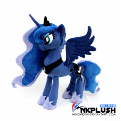 Size: 3456x3456 | Tagged: safe, artist:nekokevin, princess luna, alicorn, pony, female, hoof shoes, irl, jewelry, mare, peytral, photo, plushie, regalia, simple background, smiling, solo, spread wings, watermark, white background, wings