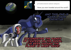 Size: 1132x800 | Tagged: safe, artist:crispokefan, princess luna, oc, oc:pun, alicorn, pony, ask, ask pun, astronaut, moon, spacesuit