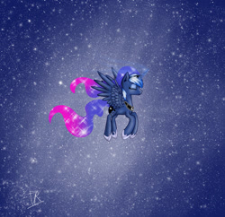 Size: 800x774 | Tagged: safe, artist:vikuskaal, princess luna, alicorn, pony, ethereal mane, eyes closed, female, flying, jewelry, mare, regalia, solo, space, spread wings, wings