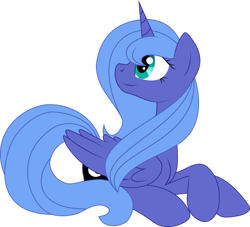 Size: 800x726 | Tagged: safe, artist:vikuskaal, princess luna, alicorn, pony, season 1, female, looking at something, looking back, mare, missing accessory, profile, prone, s1 luna, smiling, solo, vector