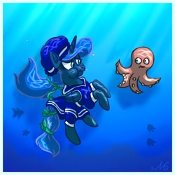 Size: 1500x1500 | Tagged: safe, artist:thenomo16, princess luna, alicorn, octopus, pony, clothes, looking at each other, solo, swimming, swimsuit, underwater