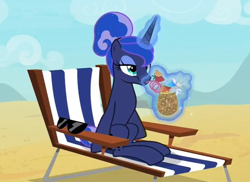 Size: 900x656 | Tagged: safe, screencap, princess luna, alicorn, pony, between dark and dawn, cute, drinking, drinking straw, female, food, lunabetes, magic, mare, pineapple, solo, sunglasses, telekinesis, we don't normally wear clothes