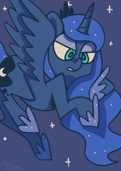 Size: 1280x1807 | Tagged: safe, artist:lunawoonanight, princess luna, alicorn, pony, ethereal mane, female, flying, lidded eyes, mare, night, solo, starry mane, stars, wings