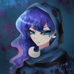 Size: 1000x1000 | Tagged: safe, artist:roya, princess luna, human, a hearth's warming tail, bust, cloak, clothes, crescent moon, ear piercing, earring, female, humanized, jewelry, lidded eyes, moon, piercing, pixiv, portrait, solo, spirit of hearth's warming yet to come