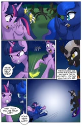 Size: 717x1114 | Tagged: safe, artist:tigra0118, princess luna, twilight sparkle, twilight sparkle (alicorn), oc, oc:fallenlight, alicorn, earth pony, pony, comic:curse and madness, armor, comic, exclamation point, forest, helmet, jewelry, magic, mlpcam, necklace, night, question mark, royal guard, sky, stars, text bubbles, tigronytes