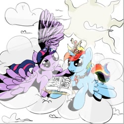 Size: 670x670 | Tagged: safe, artist:nyashaponyasha, rainbow dash, twilight sparkle, twilight sparkle (alicorn), alicorn, pony, alicornified, book, cloud, cloudy, race swap, rainbowcorn, sun