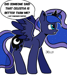 Size: 2000x2300 | Tagged: safe, alternate version, artist:jellyys, princess luna, alicorn, pony, angry, comic, crown, female, food, jewelry, mare, pancakes, princess, regalia, simple background, solo, white background