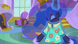 Size: 1920x1080 | Tagged: safe, screencap, princess luna, alicorn, pony, between dark and dawn, clothes, female, hawaiian shirt, magic, magic aura, mare, shirt, solo