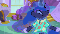 Size: 1920x1080 | Tagged: safe, screencap, princess luna, alicorn, pony, between dark and dawn, clothes, female, hawaiian shirt, magic, magic aura, mare, palindrome get, shirt, solo