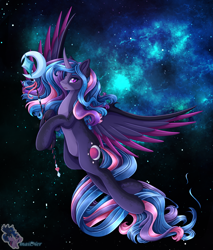 Size: 3150x3700 | Tagged: safe, artist:mailner, princess luna, twilight sparkle, twilight sparkle (alicorn), alicorn, hybrid, pony, colored wings, fusion, horn, lipstick, looking at you, pale belly, redesign, slit eyes, snake eyes, solo, spread wings, staff, wings