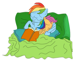 Size: 720x600 | Tagged: safe, artist:lycanianspike, rainbow dash, scootaloo, pegasus, pony, blanket, book, cuddling, pillow, scootalove, sisters, sleeping, snuggling, sofa