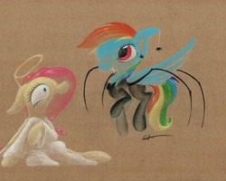 Size: 1024x820 | Tagged: safe, artist:getchanoodlewet, fluttershy, rainbow dash, pegasus, pony, clothes, costume, traditional art