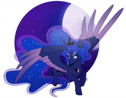 Size: 2028x1584 | Tagged: safe, artist:nemovonsilver, princess luna, alicorn, pony, cloven hooves, crown, cute, eye clipping through hair, female, jewelry, lidded eyes, lunabetes, mare, moon, night, regalia, solo, spread wings, two toned wings, wings