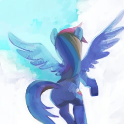 Size: 600x600 | Tagged: safe, artist:plega, rainbow dash, pegasus, pony, backlighting, behind, flying, plot, sky, solo