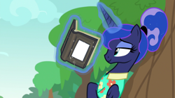 Size: 1920x1080 | Tagged: safe, edit, edited screencap, screencap, princess luna, alicorn, pony, between dark and dawn, book, clothes, cloud, exploitable, exploitable meme, hawaiian shirt, leaning, luna's book, magic, meme, meme template, read a book, reading, relaxing, shirt, smiling, solo, template, tree