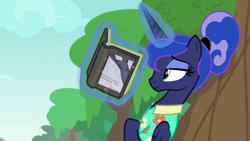 Size: 1920x1080 | Tagged: safe, edit, edited screencap, screencap, princess luna, alicorn, pony, between dark and dawn, ashens, book, clothes, cloud, exploitable, exploitable meme, fifty shades of grey, hawaiian shirt, leaning, luna's book, magic, meme, meme template, read a book, reading, relaxing, shirt, smiling, solo, tree