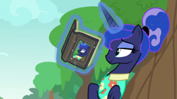 Size: 1920x1080 | Tagged: safe, edit, edited screencap, screencap, princess luna, alicorn, pony, between dark and dawn, book, clothes, cloud, exploitable, exploitable meme, hawaiian shirt, leaning, luna's book, magic, meme, meme template, read a book, reading, relaxing, shirt, smiling, solo, tree