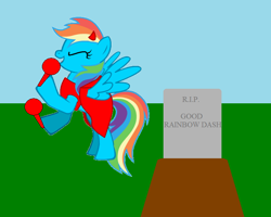 Size: 740x592 | Tagged: safe, artist:thebluev3, rainbow dash, pegasus, pony, pony creator, 1000 hours in ms paint, evil, grave, gravestone, maracas, ms paint, musical instrument, rest in peace, solo, the simpsons