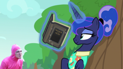 Size: 1920x1080 | Tagged: safe, edit, edited screencap, screencap, princess luna, alicorn, human, between dark and dawn, alternate hairstyle, book, clothes, exploitable meme, filthy frank, francis of the filth, hair bun, hawaiian shirt, irl, irl human, luna's book, magic, magic aura, meme, photo, pink guy, princess, shirt