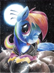 Size: 2687x3573 | Tagged: safe, artist:tsitra360, rainbow dash, pegasus, pony, clothes, cloud, cute, dashabetes, moon, night, shadowbolt dash, shadowbolts costume, solo, stars, tongue out, traditional art, wink