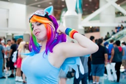 Size: 1072x712 | Tagged: safe, artist:geekeryandsuch, rainbow dash, human, anime expo, anime expo 2013, convention, cosplay, goggles, irl, irl human, photo, wristband