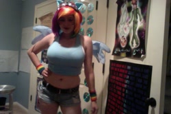 Size: 640x426 | Tagged: safe, artist:geekeryandsuch, rainbow dash, human, belly button, cosplay, irl, irl human, midriff, photo