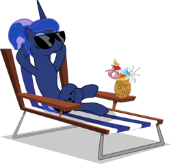 Size: 2162x2079 | Tagged: safe, artist:sonofaskywalker, princess luna, alicorn, pony, between dark and dawn, beach chair, crazy straw, crossed legs, drink, female, hooves behind head, mare, ponytail, relaxing, simple background, solo, sunglasses, transparent background, vector