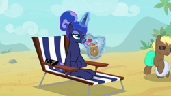 Size: 1920x1080 | Tagged: safe, screencap, coco crusoe, princess luna, alicorn, pony, between dark and dawn, alternate hairstyle, beach, clothes, food, magic, missing accessory, pineapple, shorts, sunglasses, we don't normally wear clothes