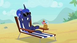Size: 1920x1080 | Tagged: safe, screencap, princess luna, alicorn, pony, between dark and dawn, alternate hairstyle, barehoof, beach, beach chair, crossed legs, drink, eyelashes, eyes closed, eyeshadow, female, hair bun, hooves behind head, makeup, mare, reclining, relaxing, smiling, solo, sunglasses, tail bun, we don't normally wear clothes
