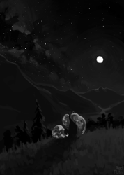 Size: 1280x1795 | Tagged: safe, alternate version, artist:redruin01, princess luna, alicorn, pony, dark, ethereal mane, forest, galaxy, grass, monochrome, moon, mountain, night, scenery, sitting, solo, stars