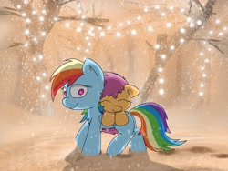 Size: 2048x1536 | Tagged: safe, artist:fuzzyfox11, rainbow dash, scootaloo, pegasus, pony, eyes closed, ponies riding ponies, scootalove, snow, snowfall