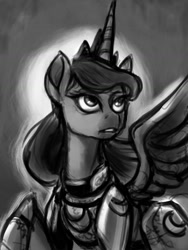 Size: 1080x1440 | Tagged: safe, artist:poecillia-gracilis19, princess luna, alicorn, pony, armor, female, grayscale, mare, monochrome, sketch, solo, warrior luna