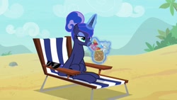 Size: 1920x1080 | Tagged: safe, screencap, princess luna, alicorn, pony, between dark and dawn, alternate hairstyle, beach, food, magic, missing accessory, pineapple, solo, sunglasses, we don't normally wear clothes