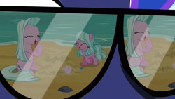 Size: 1920x1080 | Tagged: safe, screencap, princess luna, sugar stix, tender brush, winter lotus, alicorn, pony, between dark and dawn, female, laughing, reflection, sand, siblings, sisters, sunglasses