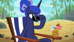 Size: 1920x1080 | Tagged: safe, screencap, princess luna, alicorn, pony, between dark and dawn, alternate hairstyle, beach, food, pineapple, sad, solo, sunglasses