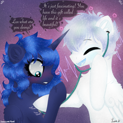 Size: 3000x3000 | Tagged: safe, artist:darkest-lunar-flower, princess luna, oc, oc:lux(pearle), alicorn, alien, pony, blushing, chest fluff, ear fluff, heartbeat, listening, sparkles, stethoscope