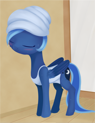 Size: 1411x1817 | Tagged: safe, artist:dusthiel, princess luna, alicorn, pony, atg 2019, blushing, cheek fluff, cute, eyes closed, female, head towel, leg fluff, lunabetes, mare, newbie artist training grounds, smiling, solo, towel, water, wet