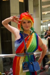 Size: 2581x3872 | Tagged: artist needed, safe, rainbow dash, human, clothes, convention, cosplay, dragoncon, irl, irl human, photo, solo, toga