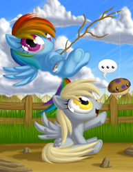 Size: 850x1100 | Tagged: safe, artist:berrypawnch, derpy hooves, rainbow dash, pegasus, pony, big eyes, cloud, day, duo, female, fence, fishing, food, ground, huge eyes, looking at you, lying, mare, muffin, on back, outdoors, reaching, rod, stick, wide eyes