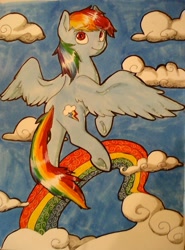 Size: 2041x2752 | Tagged: safe, artist:cog-dis, rainbow dash, pegasus, pony, cloud, cloudy, flying, sky, solo, traditional art