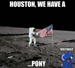 Size: 547x499 | Tagged: safe, princess luna, alicorn, human, american flag, apollo 12, astronaut, caption, cute, image macro, irl, irl human, luna and the nauts, lunabetes, meme, moon, moon landing, pete conrad, photo, spacesuit, text