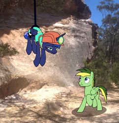 Size: 1280x1321 | Tagged: safe, artist:didgereethebrony, princess luna, oc, oc:didgeree, alicorn, pegasus, pony, between dark and dawn, australia, blue mountains, cliff, cutie mark, dangling, didgeree collection, helmet, irl, mlp in australia, photo, ponies in real life, rope, story included, unamused