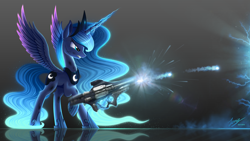 Size: 3000x1688 | Tagged: safe, artist:duskie-06, princess luna, alicorn, pony, bruised, crossover, energy weapon, female, gun, halo (series), mare, serious, serious face, solo, video game crossover, weapon