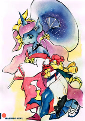 Size: 2409x3437 | Tagged: safe, artist:mashiromiku, princess luna, alicorn, anthro, clothes, kimono (clothing), patreon, patreon logo, traditional art, watercolor painting