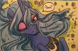 Size: 1280x835 | Tagged: safe, artist:candasaurus, princess luna, alicorn, pony, female, flower, grass, mare, on back, one eye closed, s1 luna, solo, traditional art