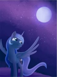 Size: 1382x1853 | Tagged: safe, artist:dusthiel, princess luna, alicorn, pony, atg 2019, cute, cutie mark, female, grass, lineless, mare, moon, newbie artist training grounds, night, smiling, solo, spread wings, starry night, wings