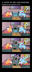 Size: 800x1800 | Tagged: safe, artist:kaznob, rainbow dash, scootaloo, pegasus, pony, comic, dashabuse, derp, ear plugs, microphone, old master q, revenge, sleeping, snoring, speaker, squeans, tape recorder, zzz